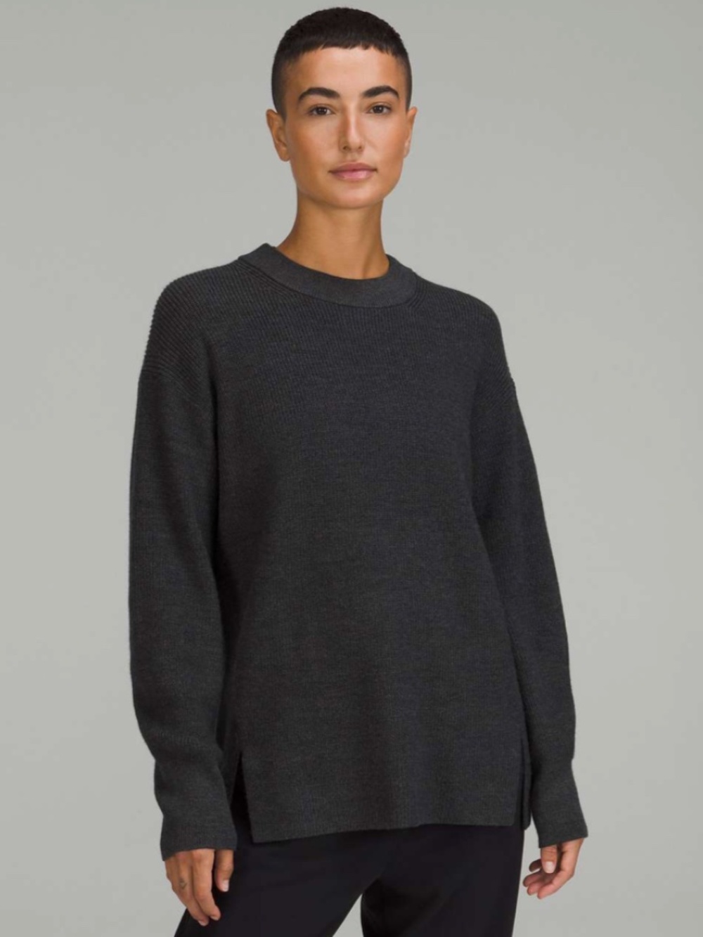 Lululemon Merino Wool-Blend Ribbed Crewneck Sweater in Heathered Black